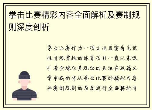拳击比赛精彩内容全面解析及赛制规则深度剖析